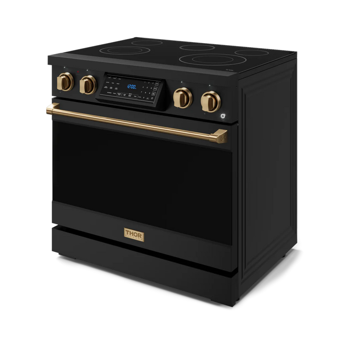 Gordon Ramsay by THOR Kitchen Package - 36" Electric Range, 30" Refrigerator with Ice Maker and Dishwasher in Black Matte with Bronze Accents, AP-RSE36B-BRZ-1
