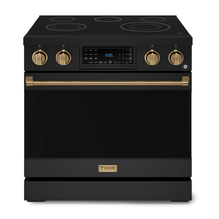 Gordon Ramsay by THOR Kitchen Package - 36" Electric Range, 30" Refrigerator with Ice Maker and Dishwasher in Black Matte with Bronze Accents, AP-RSE36B-BRZ-1