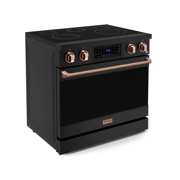 Gordon Ramsay by THOR Kitchen Package - 36" Electric Range, 36" Refrigerator with Ice Maker and Dishwasher in Black Matte with Rose Gold Accents, AP-RSE36B-RSG-2