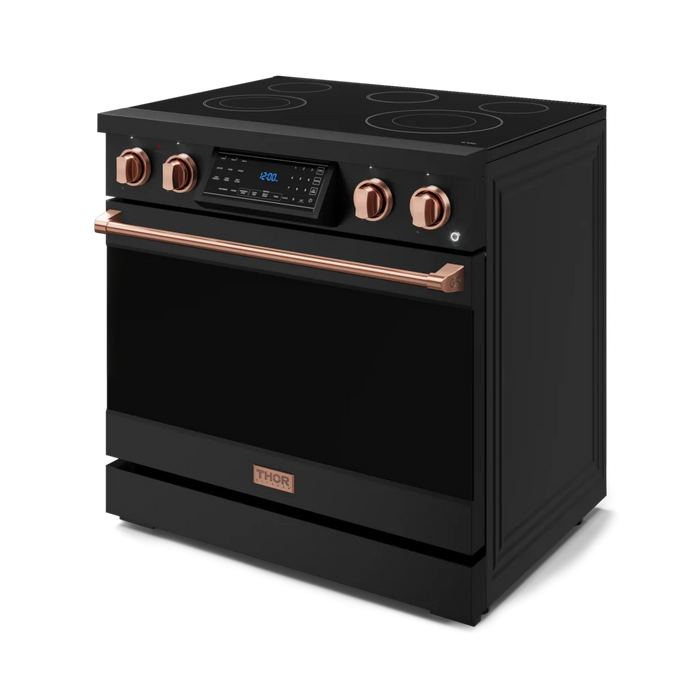 Gordon Ramsay by THOR Kitchen Package - 36" Electric Range, 36" Refrigerator with Ice Maker and Dishwasher in Black Matte with Rose Gold Accents, AP-RSE36B-RSG-2