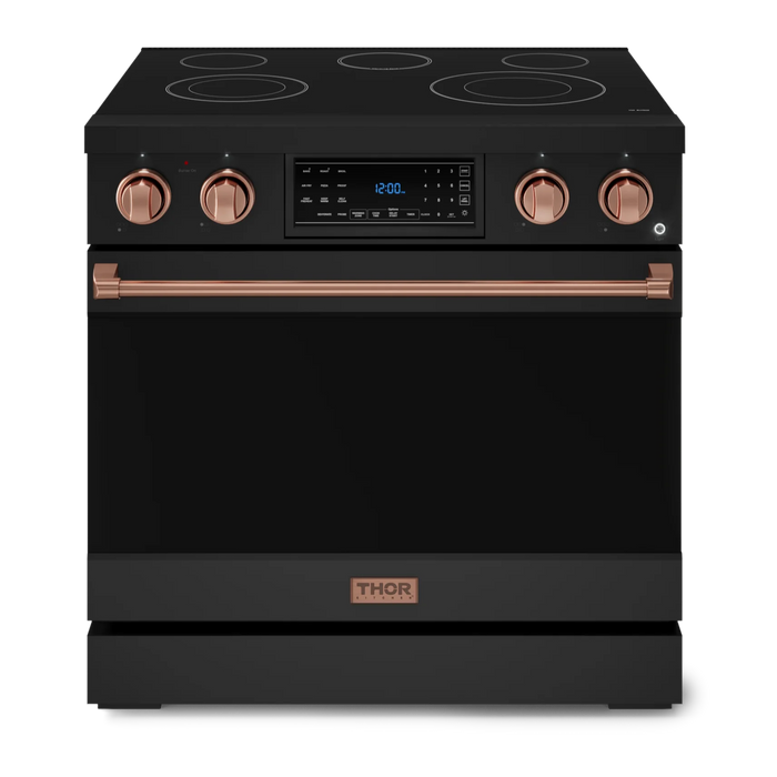 Gordon Ramsay by THOR Kitchen Package - 36" Electric Range, 30" Refrigerator with Ice Maker and Dishwasher in Black Matte with Rose Gold Accents, AP-RSE36B-RSG-1