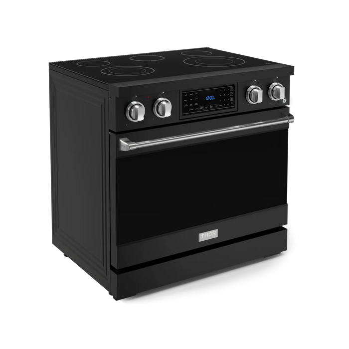 Gordon Ramsay by THOR Kitchen Package - 36" Electric Range, 36" Refrigerator with Ice Maker and Dishwasher in Black Matte with Stainless Steel Accents, AP-RSE36B-SS-2
