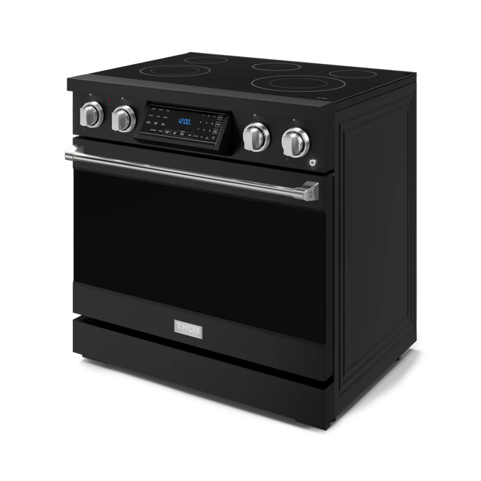 Gordon Ramsay by THOR Kitchen Package - 36" Electric Range, 30" Refrigerator with Ice Maker and Dishwasher in Black Matte with Stainless Steel Accents, AP-RSE36B-SS-1