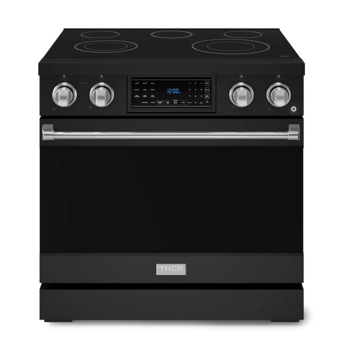 Gordon Ramsay by THOR Kitchen Package - 36" Electric Range, 36" Refrigerator with Ice Maker and Dishwasher in Black Matte with Stainless Steel Accents, AP-RSE36B-SS-2