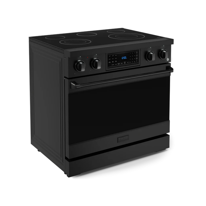 Gordon Ramsay by THOR Kitchen Package - 36" Electric Range, 36" Refrigerator with Ice Maker and Dishwasher in Black Matte with Black Accents, AP-RSE36B-2
