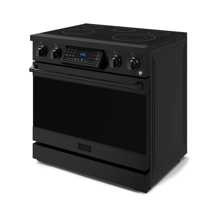 Gordon Ramsay by THOR Kitchen Package - 36" Electric Range, 36" Refrigerator with Ice Maker and Dishwasher in Black Matte with Black Accents, AP-RSE36B-2