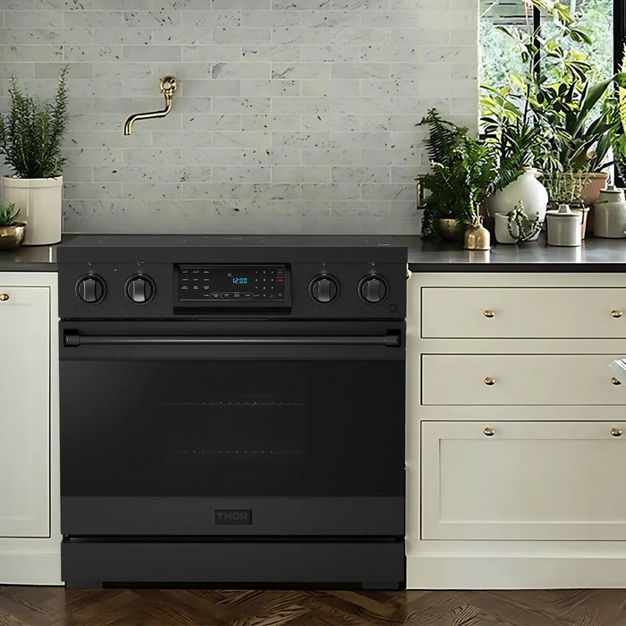 Gordon Ramsay by THOR Kitchen Package - 36" Electric Range, 36" Refrigerator with Ice Maker and Dishwasher in Black Matte with Black Accents, AP-RSE36B-2