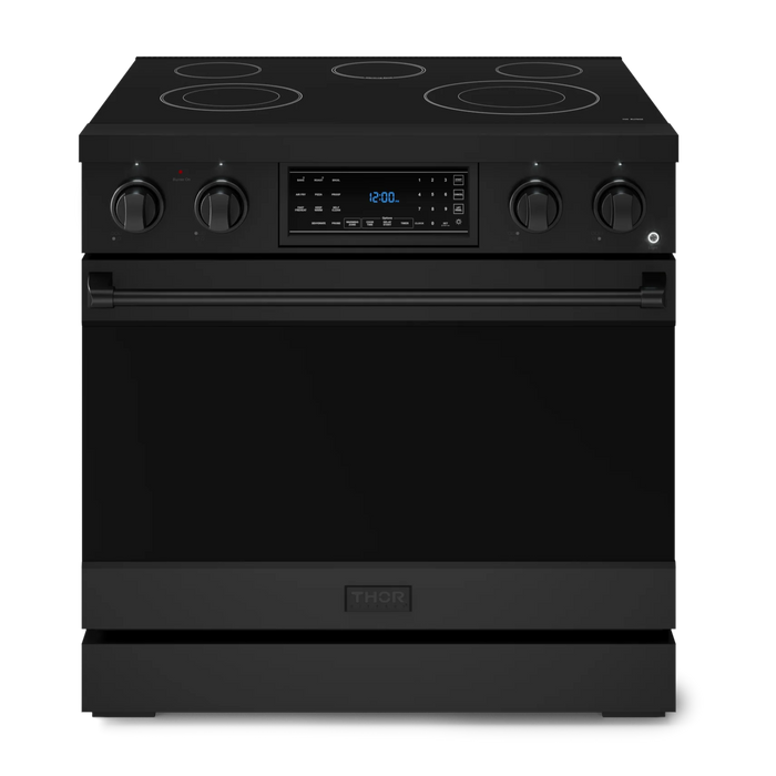 Gordon Ramsay by THOR Kitchen Package - 36" Electric Range, 30" Refrigerator with Ice Maker and Dishwasher in Black Matte with Black Accents, AP-RSE36B-1