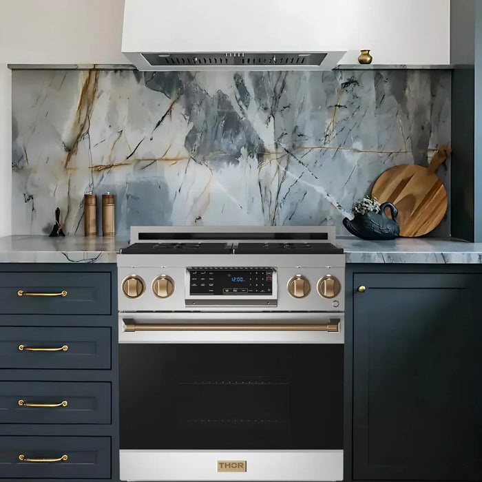 Gordon Ramsay by THOR Kitchen Package - 30" Gas Range, 36" Refrigerator with Ice Maker and Dishwasher in Stainless Steel with Bronze Accents, AP-RSG30LP-BRZ-2