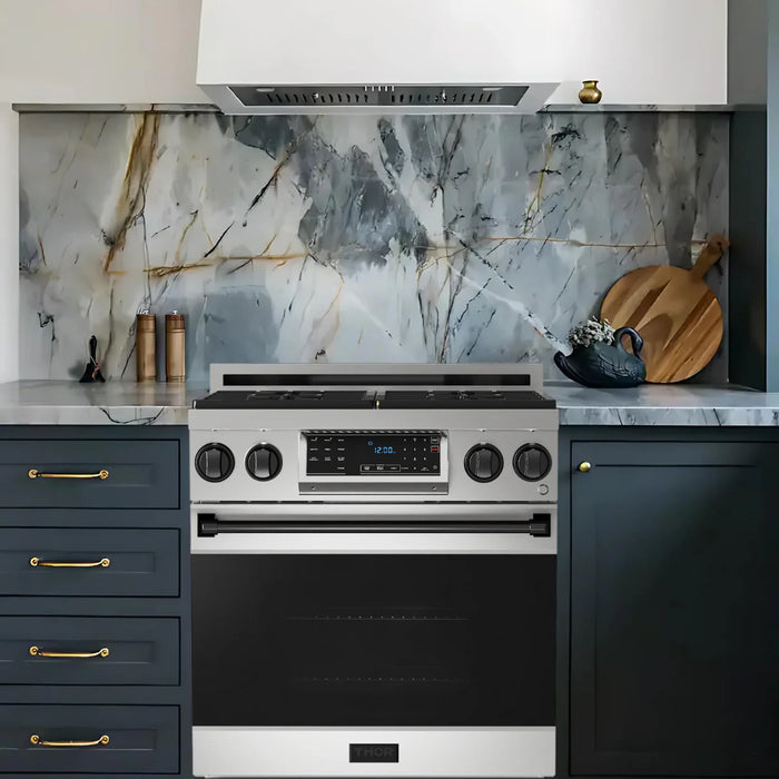 Gordon Ramsay by THOR Kitchen Package - 30" Gas Range, 36" Refrigerator with Ice Maker and Dishwasher in Stainless Steel with Black Accents, AP-RSG30-BLK-2