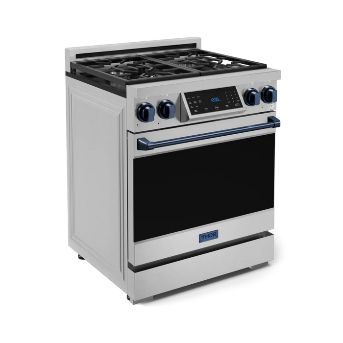 Gordon Ramsay by THOR Kitchen Package - 30" Gas Range, 30" Refrigerator with Ice Maker and Dishwasher in Stainless Steel with Navy Blue Accents, AP-RSG30-BLU-1