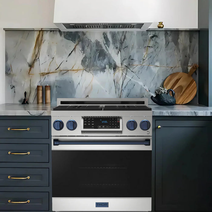 Gordon Ramsay by THOR Kitchen Package - 30" Gas Range, 36" Refrigerator with Ice Maker and Dishwasher in Stainless Steel with Navy Blue Accents, AP-RSG30LP-BLU-2