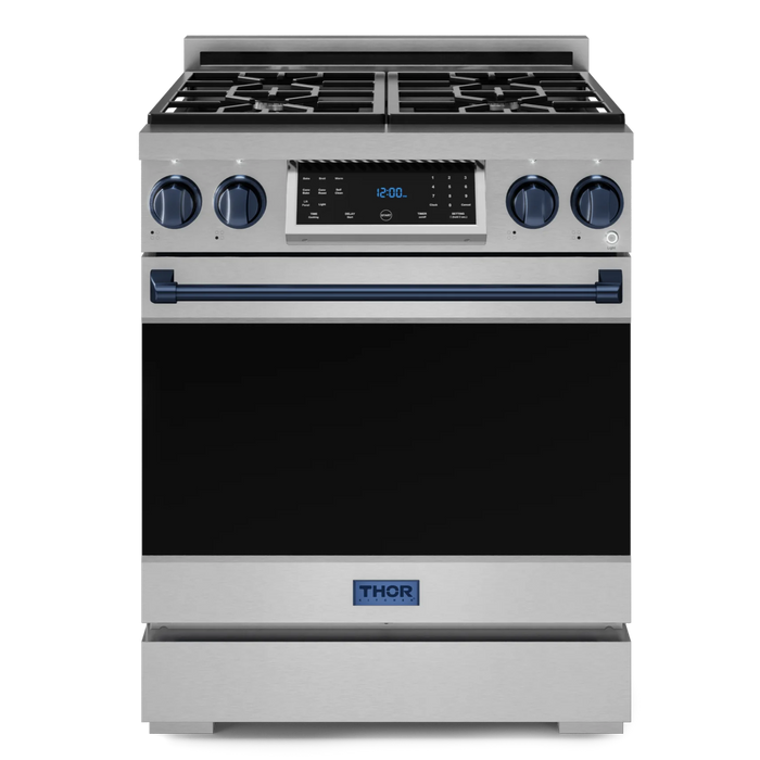 Gordon Ramsay by THOR Kitchen Package - 30" Gas Range, 30" Refrigerator with Ice Maker and Dishwasher in Stainless Steel with Navy Blue Accents, AP-RSG30-BLU-1