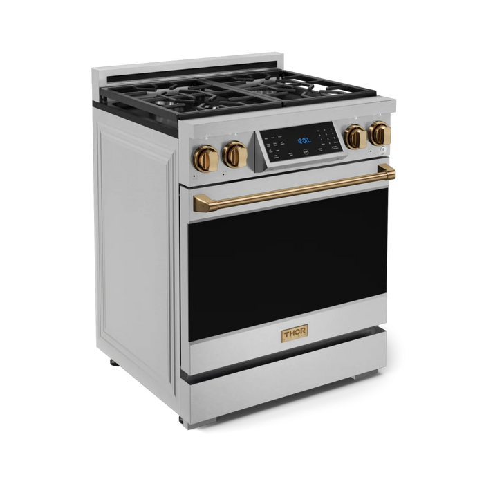 Gordon Ramsay by THOR Kitchen Package - 30" Gas Range, 30" Refrigerator with Ice Maker and Dishwasher in Stainless Steel with Bronze Accents, AP-RSG30-BRZ-1