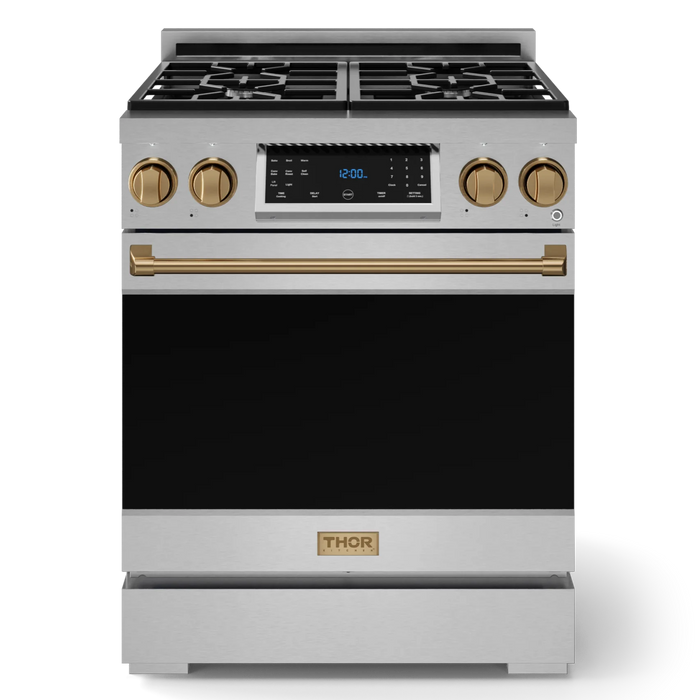 Gordon Ramsay by THOR Kitchen Package - 30" Gas Range, 30" Refrigerator with Ice Maker and Dishwasher in Stainless Steel with Bronze Accents, AP-RSG30-BRZ-1
