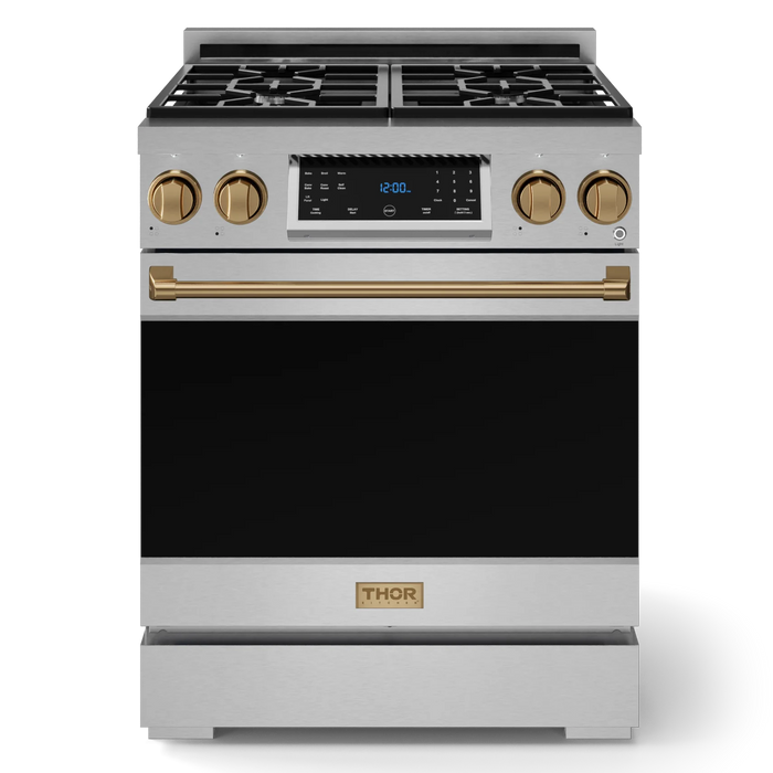 Gordon Ramsay by THOR Kitchen Package - 30" Gas Range, 30" Refrigerator with Ice Maker and Dishwasher in Stainless Steel with Bronze Accents, AP-RSG30LP-BRZ-1