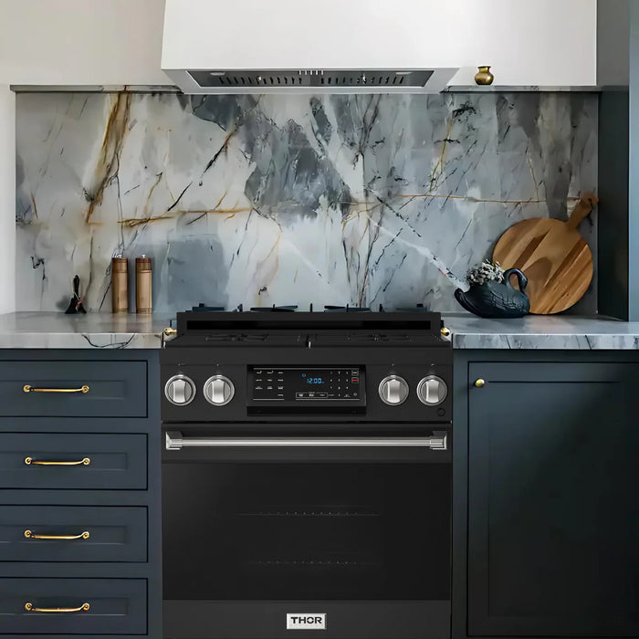 Gordon Ramsay by THOR Kitchen Package - 30" Gas Range, 36" Refrigerator with Ice Maker and Dishwasher in Black Matte with Stainless Steel Accents, AP-RSG30B-SS-2