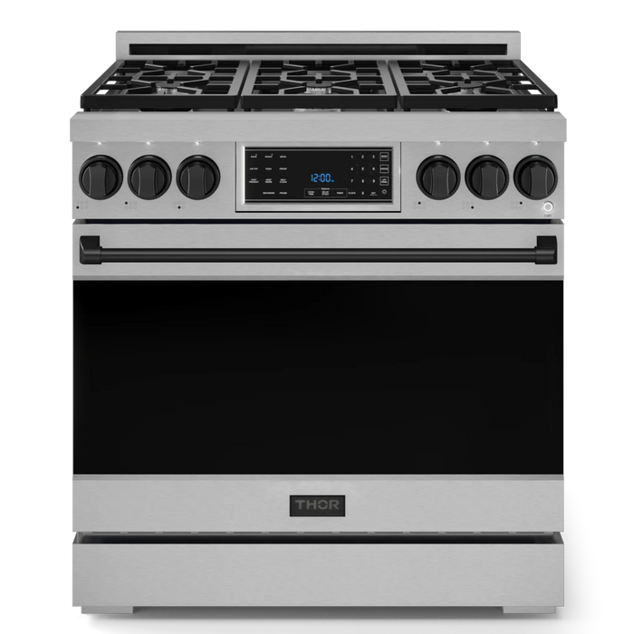 Gordon Ramsay by THOR Kitchen Package - 36" Gas Range, 30" Refrigerator with Ice Maker and Dishwasher in Stainless Steel with Black Accents, AP-RSG36LP-BLK-1