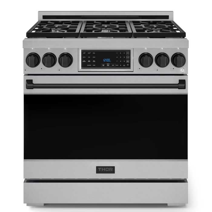 Gordon Ramsay by THOR Kitchen Package - 36" Gas Range, 36" Refrigerator with Ice Maker and Dishwasher in Stainless Steel with Black Accents, AP-RSG36-BLK-2