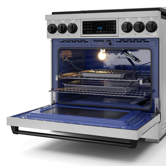 Gordon Ramsay by THOR Kitchen 36" 6.0 cu. ft. Professional Natural Gas Range with Tilt Panel Touch Control, Self-Clean and Air Fry in Stainless Steel with Black Accents, RSG36-BLK
