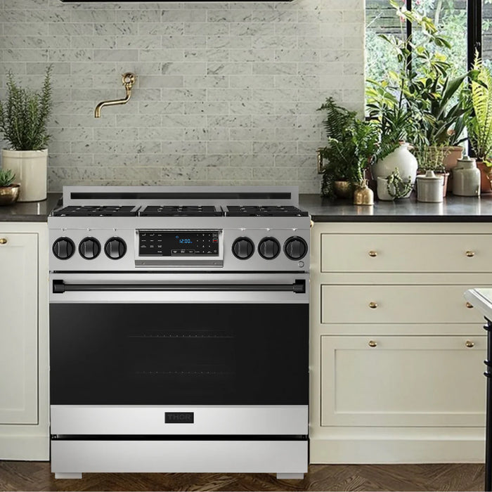 Gordon Ramsay by THOR Kitchen Package - 36" Gas Range, 36" Refrigerator with Ice Maker and Dishwasher in Stainless Steel with Black Accents, AP-RSG36-BLK-2
