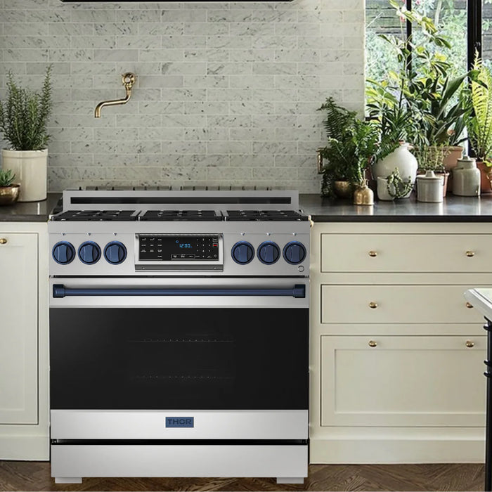 Gordon Ramsay by THOR Kitchen Package - 36" Gas Range, 36" Refrigerator with Ice Maker and Dishwasher in Stainless Steel with Navy Blue Accents, AP-RSG36LP-BLU-2