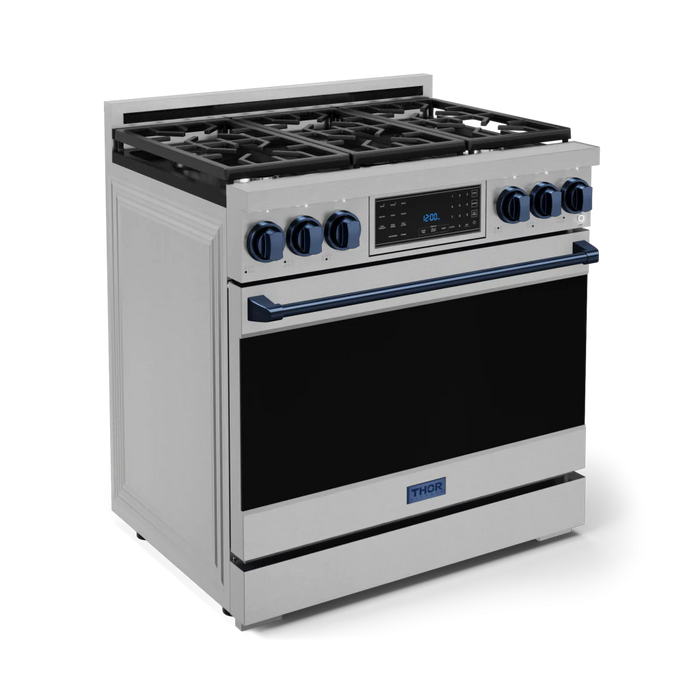 Gordon Ramsay by THOR Kitchen Package - 36" Gas Range, 36" Refrigerator with Ice Maker and Dishwasher in Stainless Steel with Navy Blue Accents, AP-RSG36LP-BLU-2
