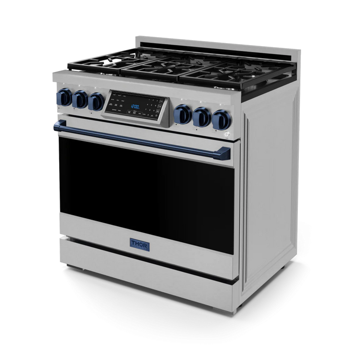 Gordon Ramsay by THOR Kitchen Package - 36" Gas Range, 36" Refrigerator with Ice Maker and Dishwasher in Stainless Steel with Navy Blue Accents, AP-RSG36-BLU-2