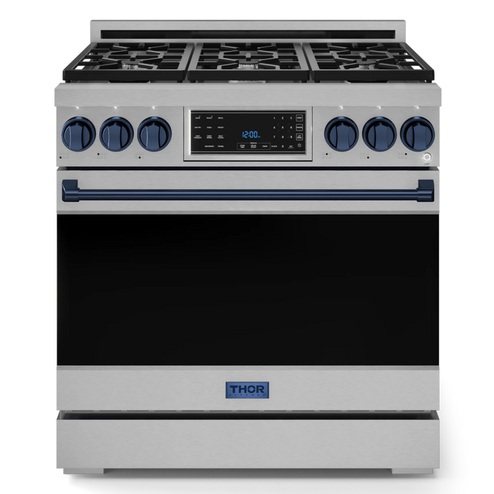 Gordon Ramsay by THOR Kitchen Package - 36" Gas Range, 36" Refrigerator with Ice Maker and Dishwasher in Stainless Steel with Navy Blue Accents, AP-RSG36LP-BLU-2