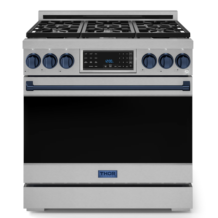 Gordon Ramsay by THOR Kitchen Package - 36" Gas Range, 36" Refrigerator with Ice Maker and Dishwasher in Stainless Steel with Navy Blue Accents, AP-RSG36-BLU-2