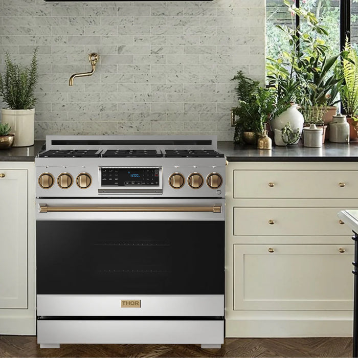 Gordon Ramsay by THOR Kitchen Package - 36" Gas Range, 36" Refrigerator with Ice Maker and Dishwasher in Stainless Steel with Bronze Accents, AP-RSG36LP-BRZ-2