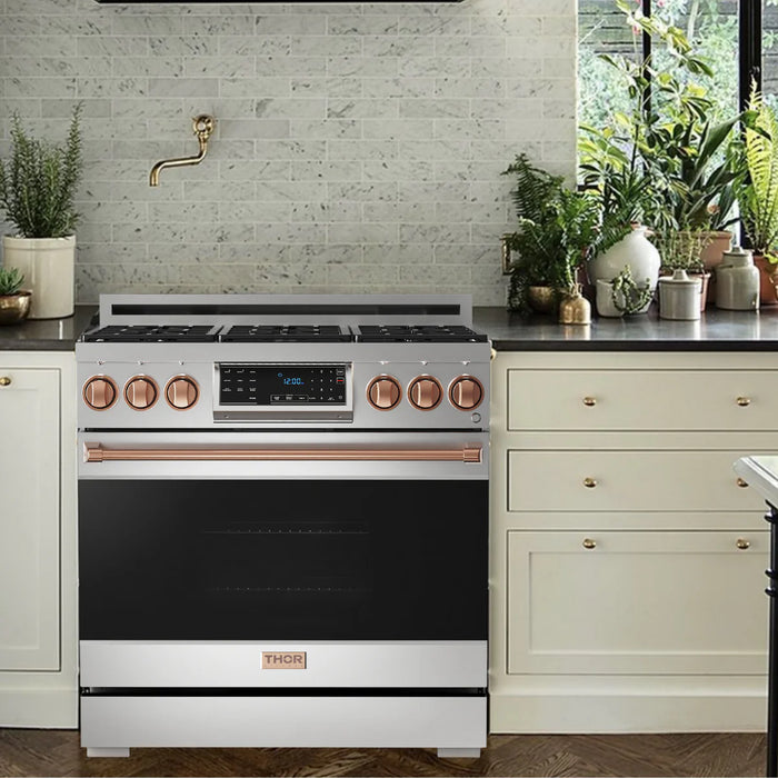 Gordon Ramsay by THOR Kitchen Package - 36" Gas Range, 30" Refrigerator with Ice Maker and Dishwasher in Stainless Steel with Rose Gold Accents, AP-RSG36LP-RSG-1