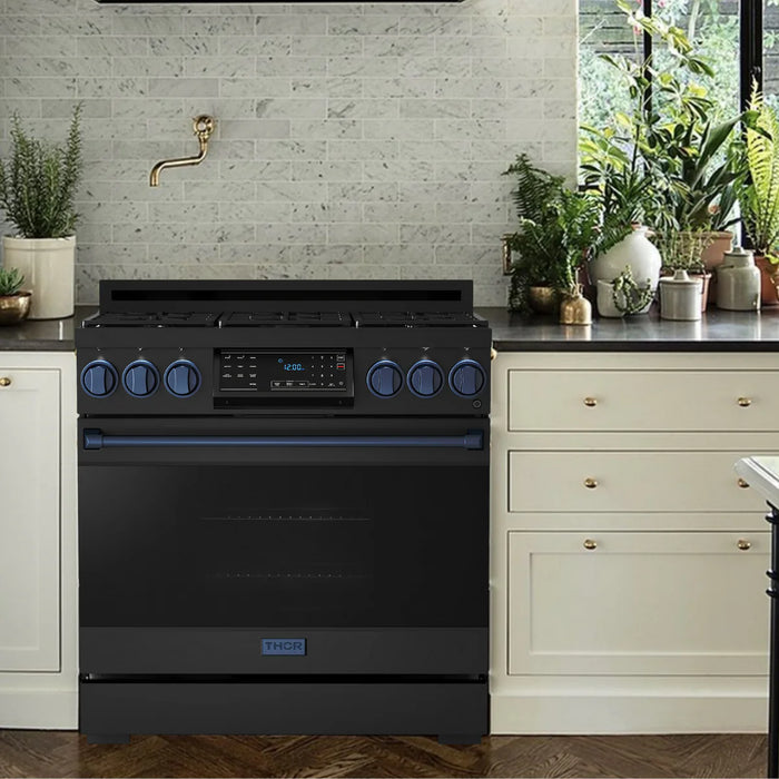 Gordon Ramsay by THOR Kitchen 36" 6.0 cu. ft. Professional Propane Gas Range with Tilt Panel Touch Control, Self-Clean and Air Fry in Matte Black with Navy Blue Accents, RSG36BLP-BLU