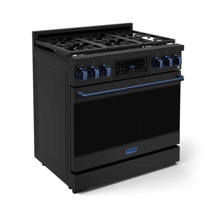Gordon Ramsay by THOR Kitchen Package - 36" Gas Range, 36" Refrigerator with Ice Maker and Dishwasher in Black Matte with Navy Blue Accents, AP-RSG36B-BLU-2