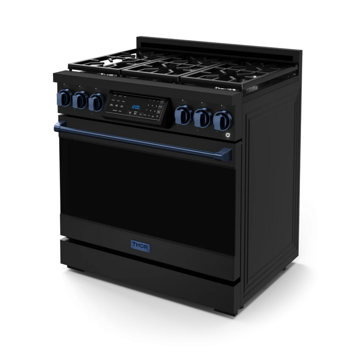 Gordon Ramsay by THOR Kitchen Package - 36" Gas Range, 30" Refrigerator with Ice Maker and Dishwasher in Black Matte with Navy Blue Accents, AP-RSG36BLP-BLU-1