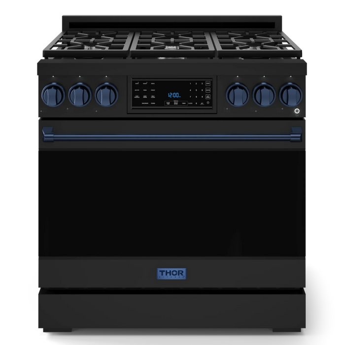 Gordon Ramsay by THOR Kitchen Package - 36" Gas Range, 30" Refrigerator with Ice Maker and Dishwasher in Black Matte with Navy Blue Accents, AP-RSG36B-BLU-1