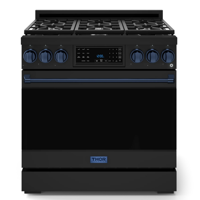 Gordon Ramsay by THOR Kitchen Package - 36" Gas Range, 36" Refrigerator with Ice Maker and Dishwasher in Black Matte with Navy Blue Accents, AP-RSG36BLP-BLU-2