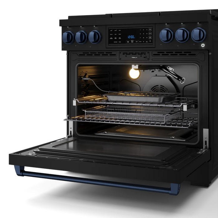 Gordon Ramsay by THOR Kitchen 36" 6.0 cu. ft. Professional Propane Gas Range with Tilt Panel Touch Control, Self-Clean and Air Fry in Matte Black with Navy Blue Accents, RSG36BLP-BLU