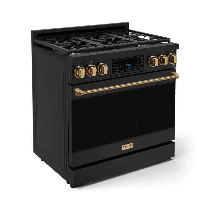 Gordon Ramsay by THOR Kitchen Package - 36" Gas Range, 36" Refrigerator with Ice Maker and Dishwasher in Black Matte with Bronze Accents, AP-RSG36B-BRZ-2