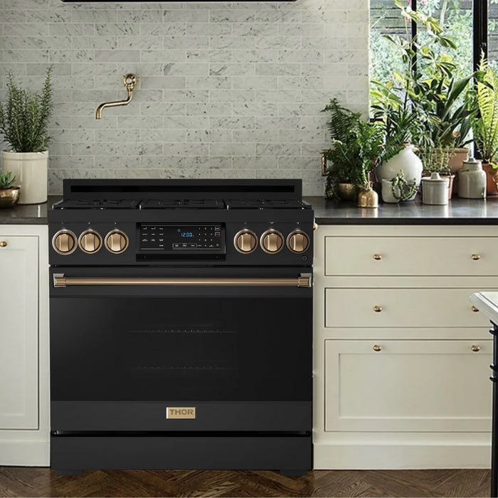 Gordon Ramsay by THOR Kitchen 36" 6.0 cu. ft. Professional Propane Gas Range with Tilt Panel Touch Control, Self-Clean and Air Fry in Matte Black with Bronze Accents, RSG36BLP-BRZ