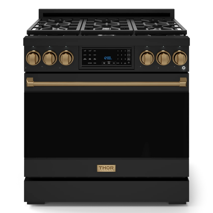 Gordon Ramsay by THOR Kitchen Package - 36" Gas Range, 30" Refrigerator with Ice Maker and Dishwasher in Black Matte with Bronze Accents, AP-RSG36B-BRZ-1