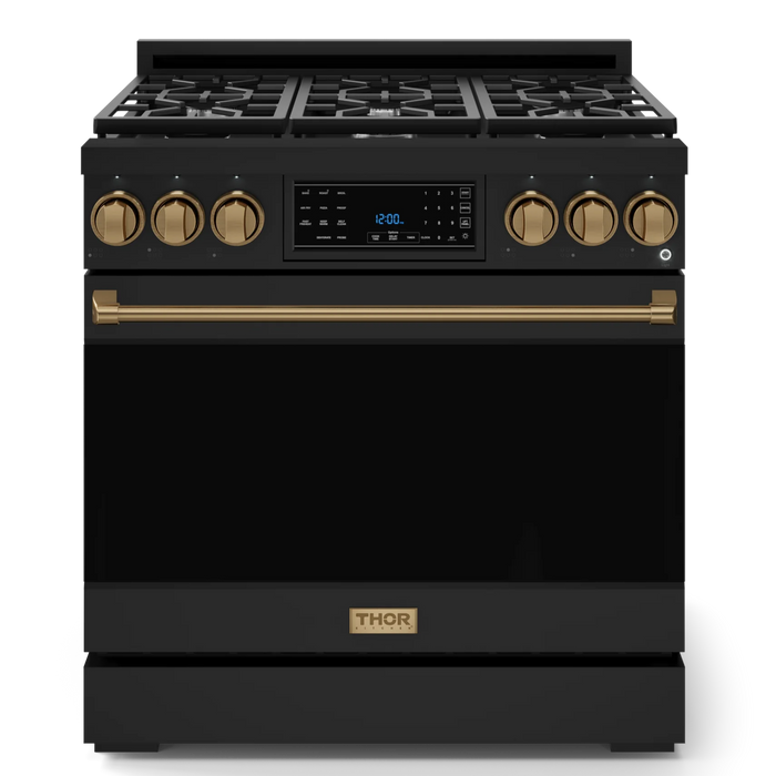 Gordon Ramsay by THOR Kitchen Package - 36" Gas Range, 36" Refrigerator with Ice Maker and Dishwasher in Black Matte with Bronze Accents, AP-RSG36BLP-BRZ-2