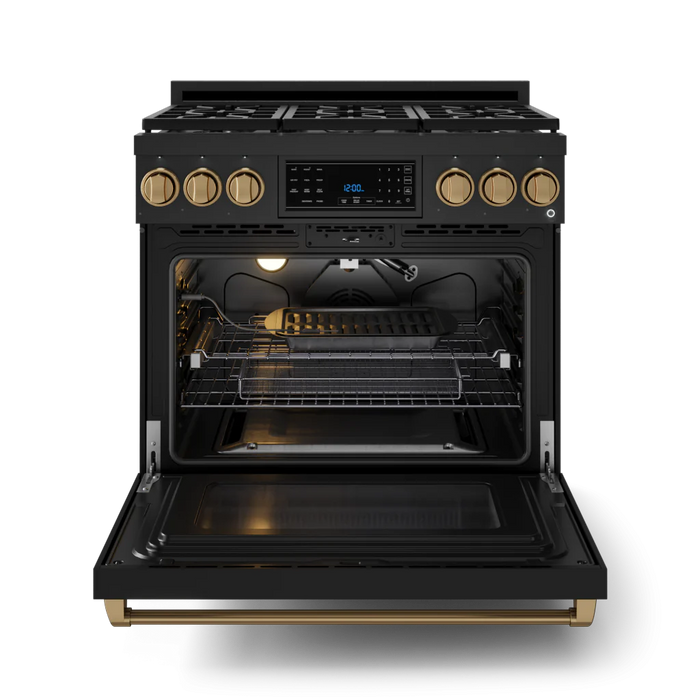 Gordon Ramsay by THOR Kitchen 36" 6.0 cu. ft. Professional Propane Gas Range with Tilt Panel Touch Control, Self-Clean and Air Fry in Matte Black with Bronze Accents, RSG36BLP-BRZ