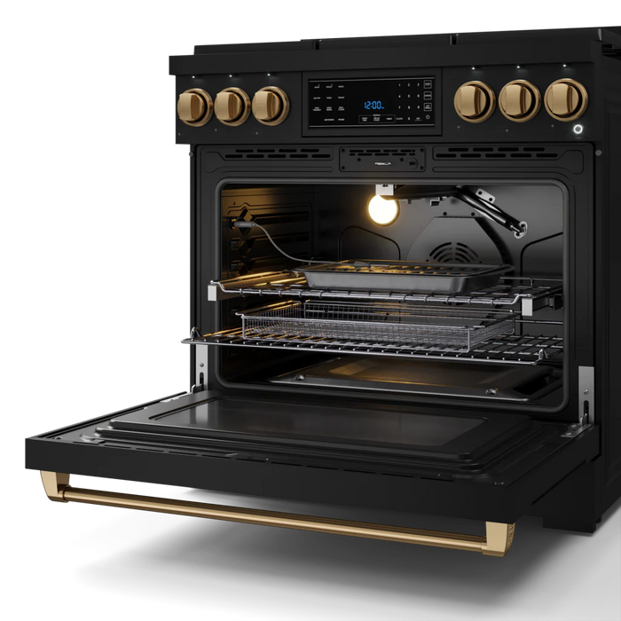 Gordon Ramsay by THOR Kitchen 36" 6.0 cu. ft. Professional Propane Gas Range with Tilt Panel Touch Control, Self-Clean and Air Fry in Matte Black with Bronze Accents, RSG36BLP-BRZ