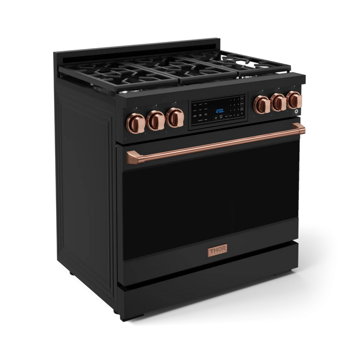 Gordon Ramsay by THOR Kitchen Package - 36" Gas Range, 36" Refrigerator with Ice Maker and Dishwasher in Black Matte with Rose Gold Accents, AP-RSG36BLP-RSG-2