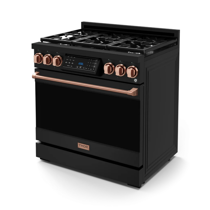 Gordon Ramsay by THOR Kitchen Package - 36" Gas Range, 30" Refrigerator with Ice Maker and Dishwasher in Black Matte with Rose Gold Accents, AP-RSG36B-RSG-1