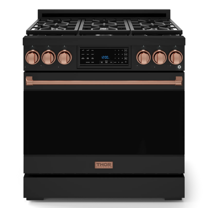 Gordon Ramsay by THOR Kitchen Package - 36" Gas Range, 36" Refrigerator with Ice Maker and Dishwasher in Black Matte with Rose Gold Accents, AP-RSG36BLP-RSG-2