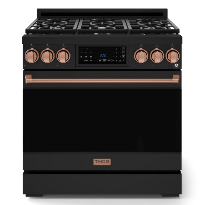 Gordon Ramsay by THOR Kitchen Package - 36" Gas Range, 30" Refrigerator with Ice Maker and Dishwasher in Black Matte with Rose Gold Accents, AP-RSG36B-RSG-1