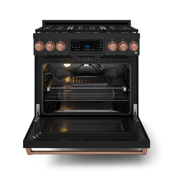 Gordon Ramsay by THOR Kitchen 36" 6.0 cu. ft. Professional Propane Gas Range with Tilt Panel Touch Control, Self-Clean and Air Fry in Matte Black with Rose Gold Accents, RSG36BLP-RSG