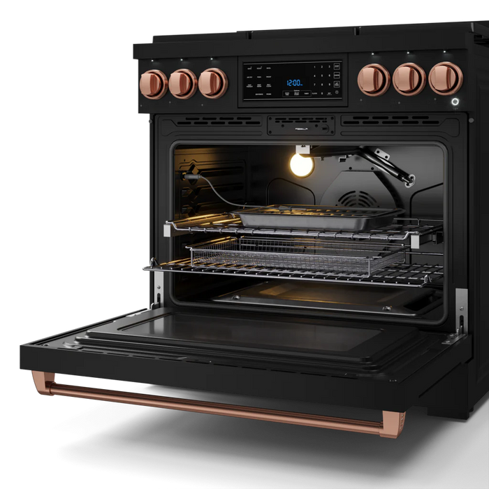 Gordon Ramsay by THOR Kitchen 36" 6.0 cu. ft. Professional Propane Gas Range with Tilt Panel Touch Control, Self-Clean and Air Fry in Matte Black with Rose Gold Accents, RSG36BLP-RSG